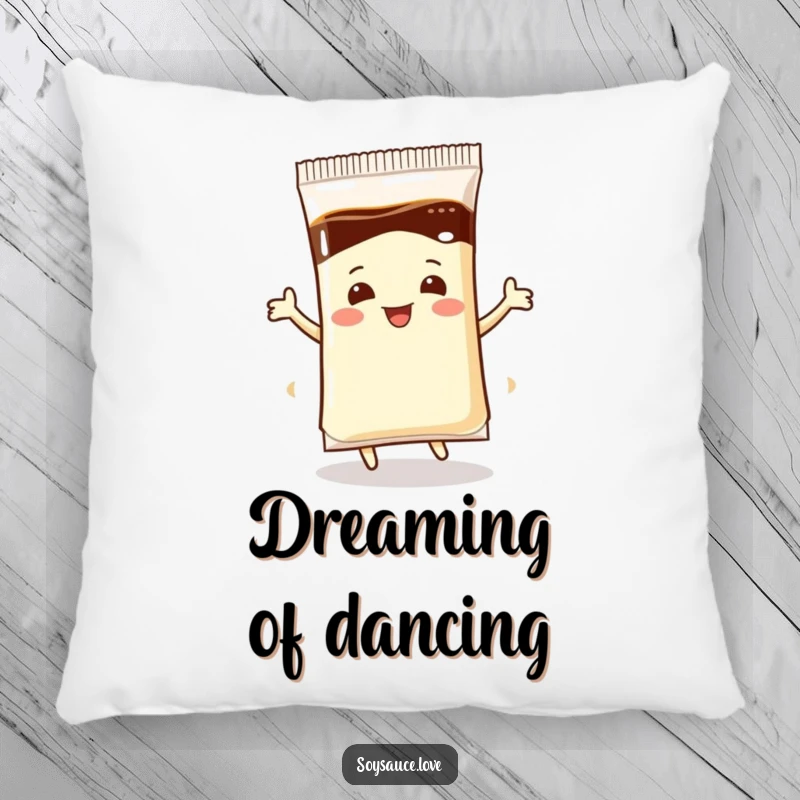 Funny Pillow: A plush cushion showcasing a soy sauce packet performing a delightful dance, adding a playful touch to decor.