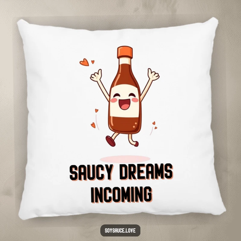 Funny Pillow with a joyful soy sauce bottle in a celebratory jump, dripping happy sauce.