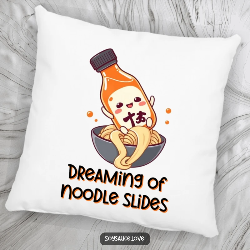 Funny soy sauce bottle character sliding down a noodle, displayed on a plush pillow for humorous and cozy home decor.