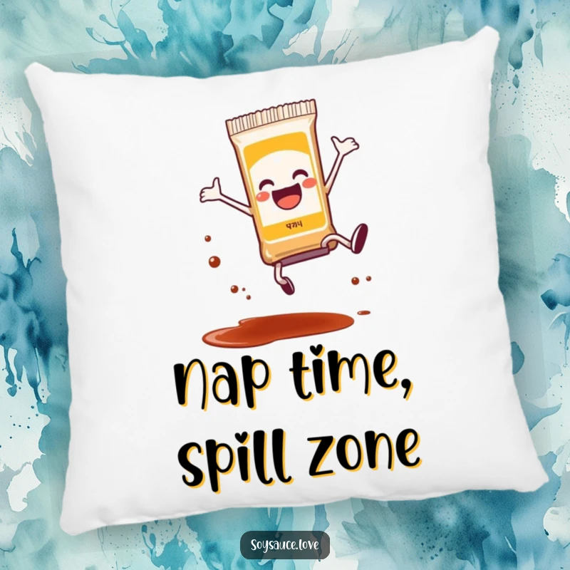 Funny anthropomorphic soy sauce packet doing a joyful cartwheel, with a tiny bit of splatter, soft and humorous decorative pillow.
