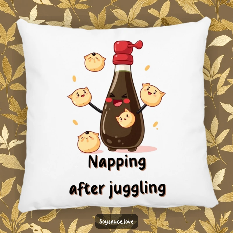 Funny Pillow: A plush cushion showcasing a smiling soy sauce bottle juggling dumplings, adding a playful touch to decor.