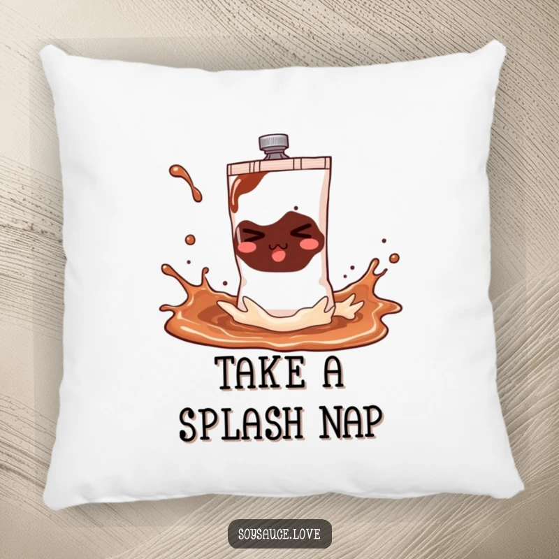 Funny soy sauce sachet pillow with a mischievous character splashing playfully, offering comfort and a touch of humor to any seating area.