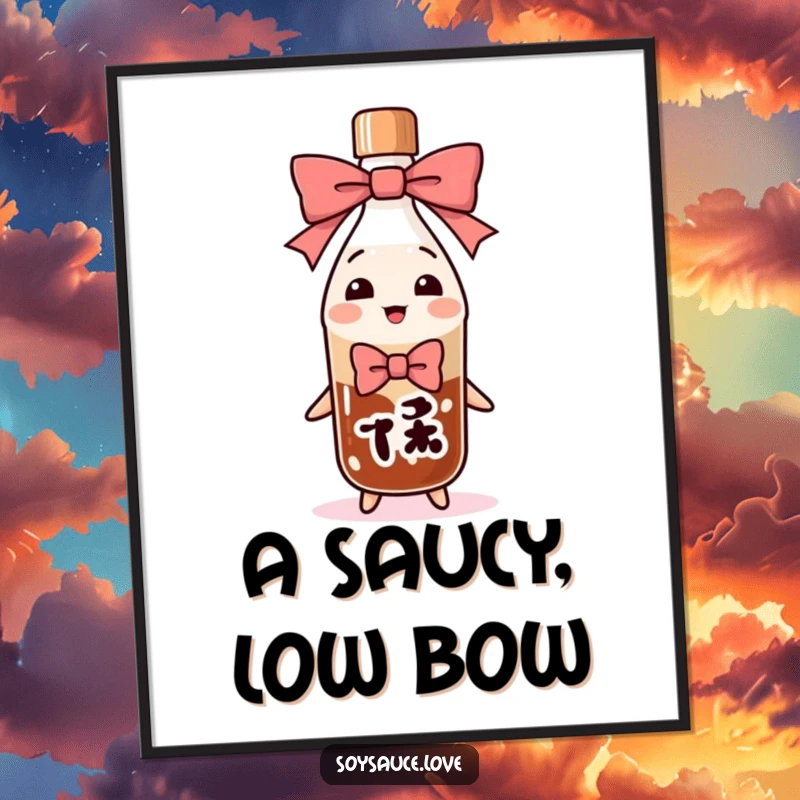 Funny soy sauce bottle character in a deep, exaggerated bow, rendered as a vibrant digital art print for humorous display.