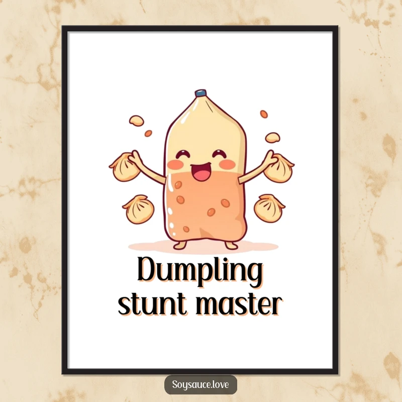 Funny soy sauce sachet character juggling tiny dumplings with stubby arms, rendered as a vibrant digital art print for humorous display.