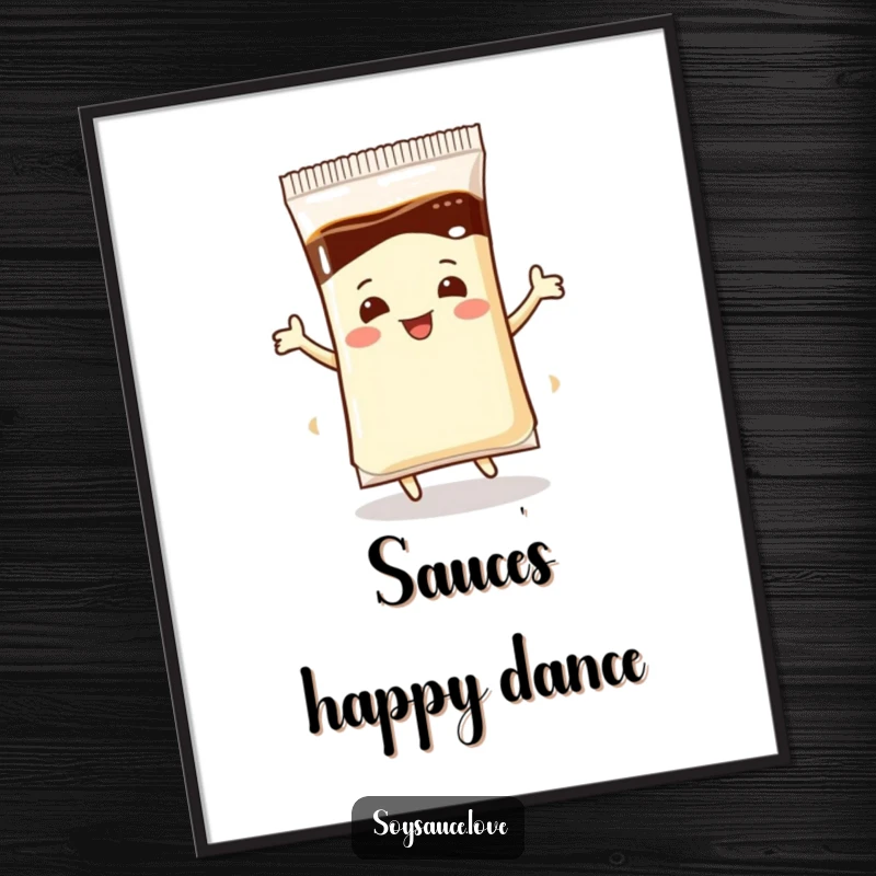 Funny Digital Art: An illustration of a soy sauce packet dancing happily, ready to bring a smile to any room.