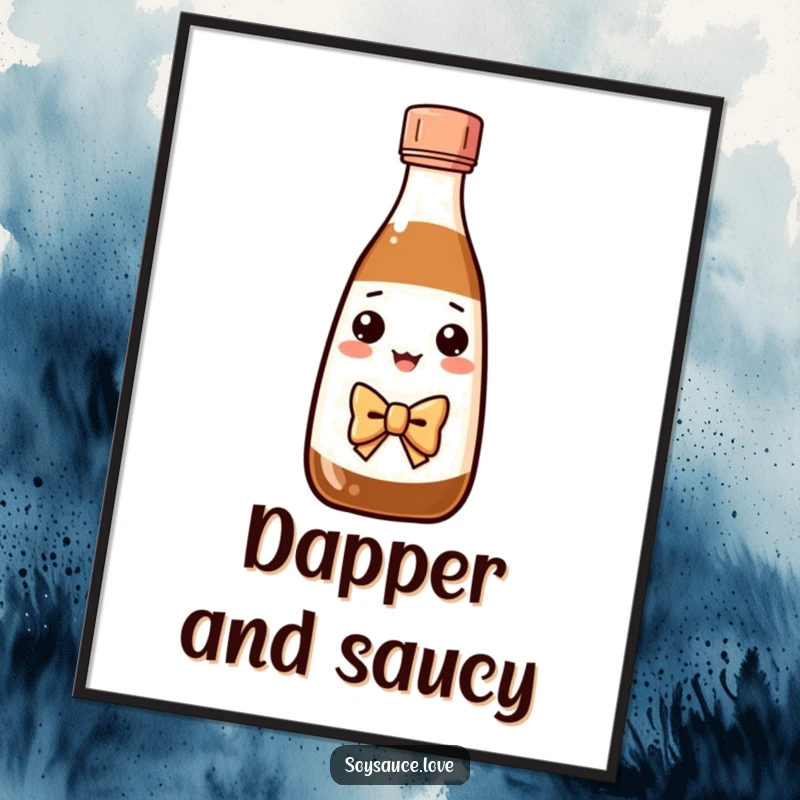 Funny Kawaii soy sauce bottle in a bow tie performing a graceful bow, as digital art.