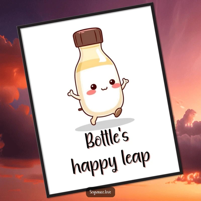 Funny Kawaii Soy Sauce Digital Art Print: A cute soy sauce bottle performs a joyful hop, bringing instant playful decor and condiment cheer.
