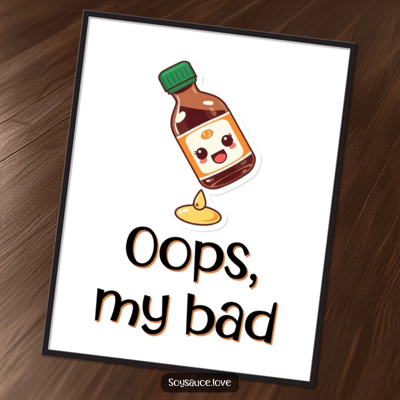 Funny soy sauce bottle digital art print depicting a comical slip, offering instant humorous decoration for any digital or printed space.