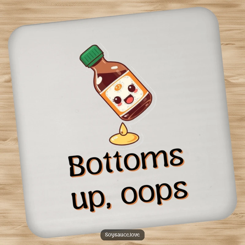 Funny soy sauce bottle coaster showing a comical slip on a liquid drop, protecting surfaces with a humorous and stylish flair.