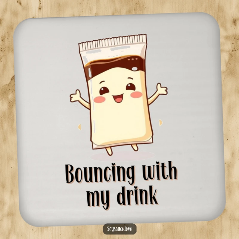 Funny Coasters: A set featuring a soy sauce packet performing a delightful dance, adding a playful touch to drinks.