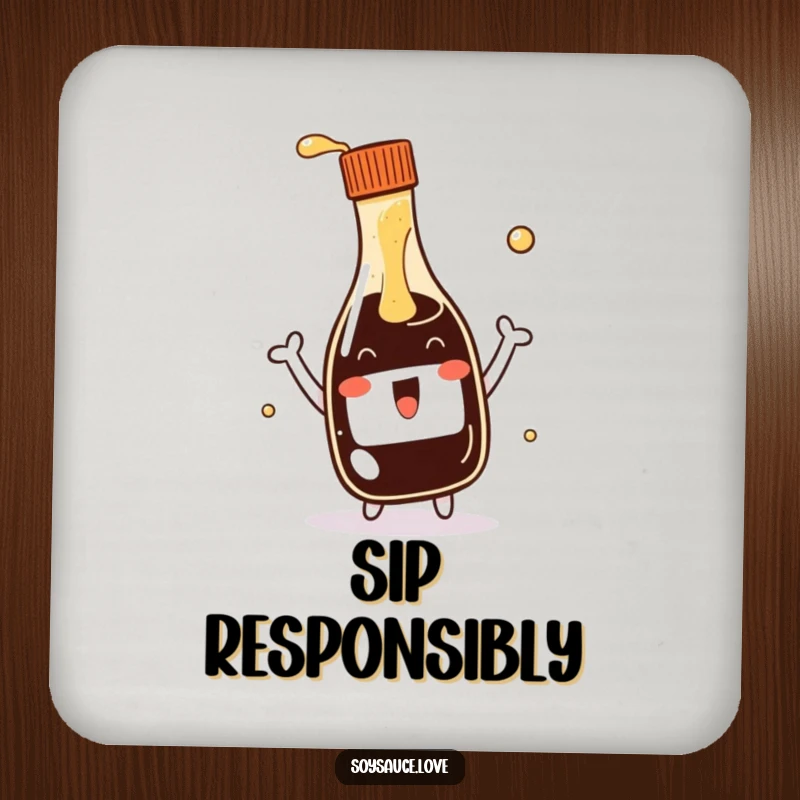 Funny kawaii soy sauce bottle coasters, illustrating an enthusiastic bottle pouring a splash, adding a humorous and protective touch to any surface.