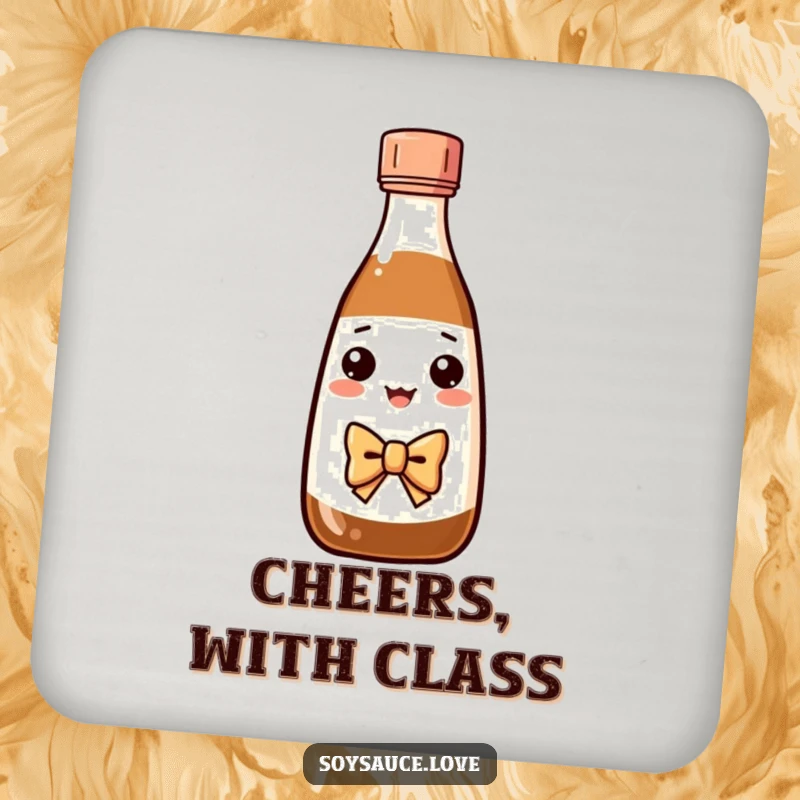 Funny Kawaii soy sauce bottle with a bow tie bowing on a coaster, offering stylish protection.
