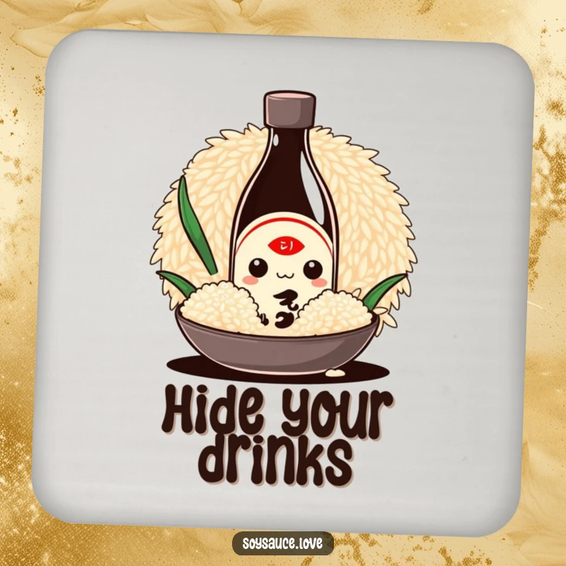 Funny Kawaii drink coaster showing a shy soy sauce bottle character hiding behind a grain of rice, adding foodie charm to surface protection.