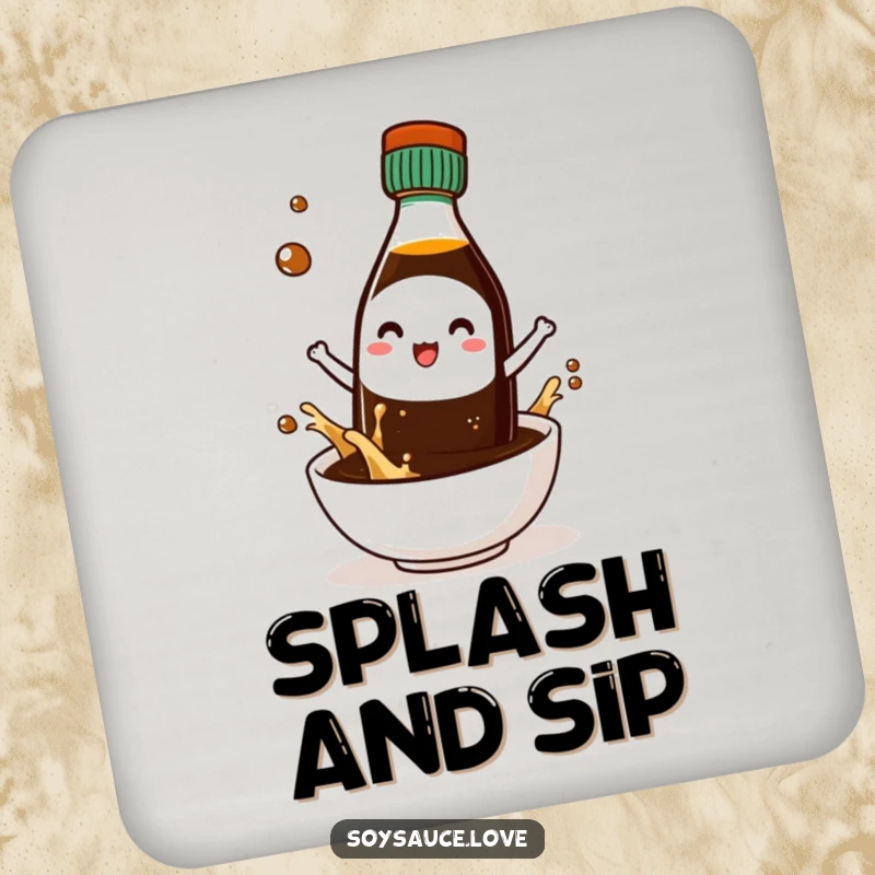Funny coaster featuring a kawaii soy sauce bottle character joyfully splashing into a tiny bowl, protecting table surfaces.