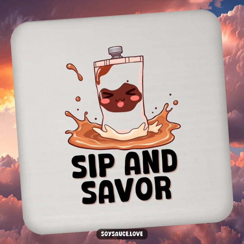 Funny soy sauce sachet coaster showing a mischievous character playfully splashing, protecting surfaces with a touch of lighthearted fun.