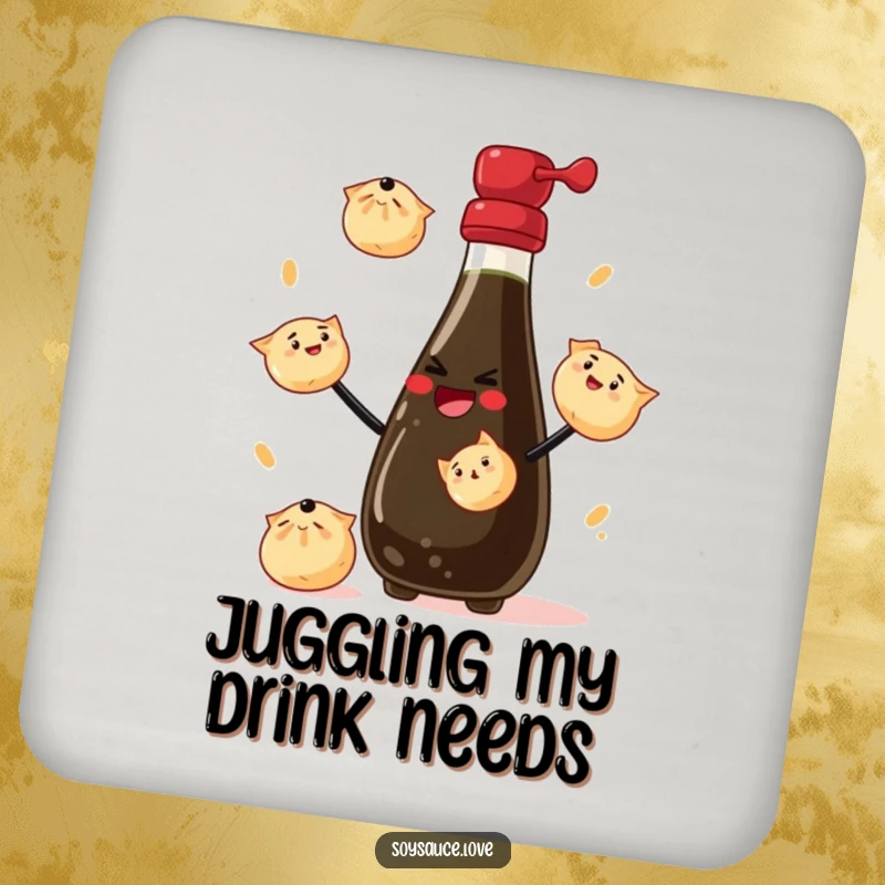 Funny Coasters: A set featuring a soy sauce bottle juggling dumplings, adding a playful touch to drinks.