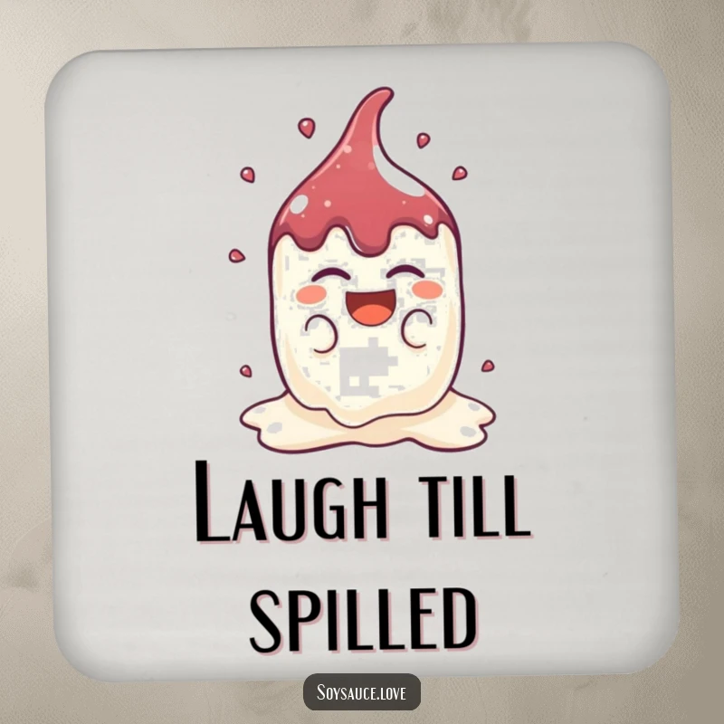 Funny Kawaii Soy Sauce Coaster: A cute soy sauce splat character laughs heartily, protecting surfaces with charming, condiment-inspired humor.