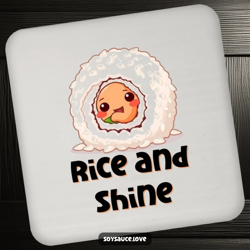 Funny coaster featuring a mischievous sushi roll peeking from behind rice, protecting surfaces with a playful design.