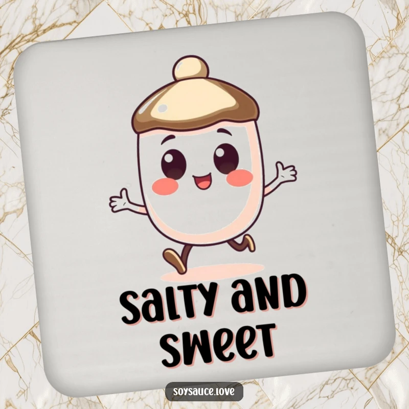 Funny drink coaster featuring a soy sauce cap character with large, happy eyes doing a little hop.