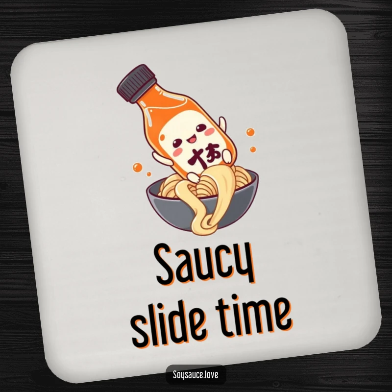 Funny anthropomorphic soy sauce bottle sliding down a noodle, featured on a drink coaster for a humorous and protective table accent.