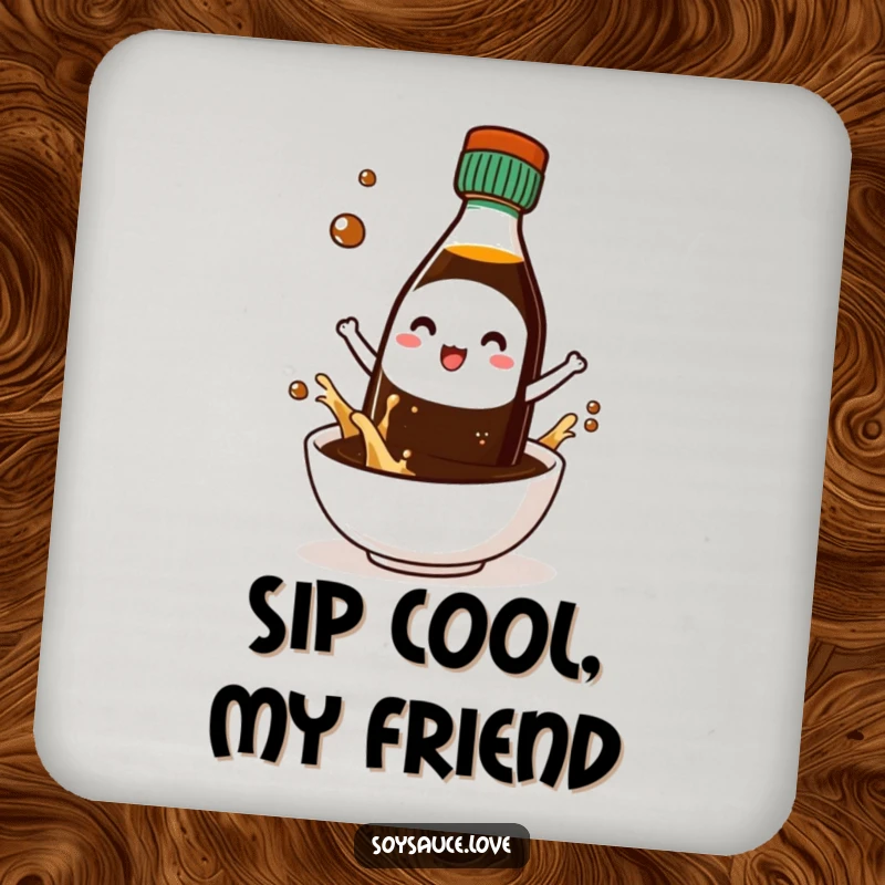 Funny coaster featuring a kawaii soy sauce bottle character wearing tiny sunglasses, looking cool while protecting surfaces.