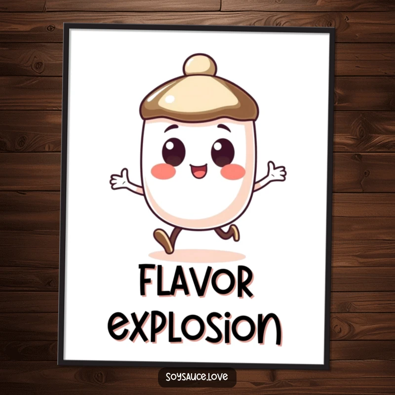 Funny wall art poster of a soy sauce cap character with large, happy eyes, in a small hop.