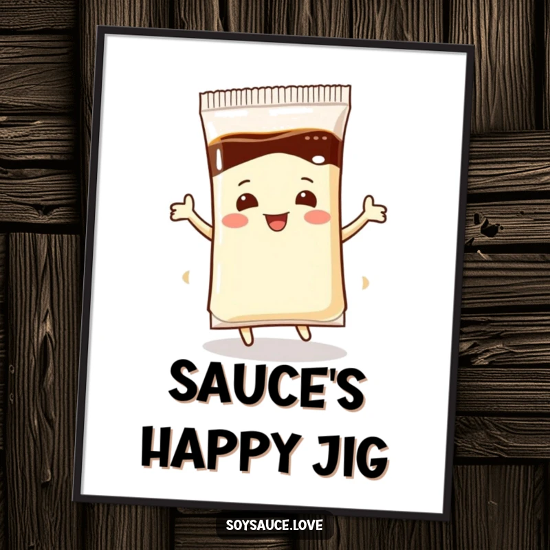 Funny Poster: An illustration of a soy sauce packet energetically dancing, bringing a sense of fun and flavor to the wall.