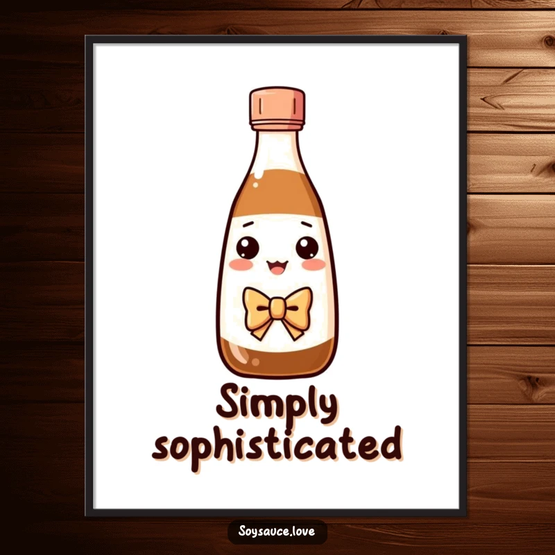 Funny Kawaii soy sauce bottle in a bow tie performing a formal bow, presented as art.