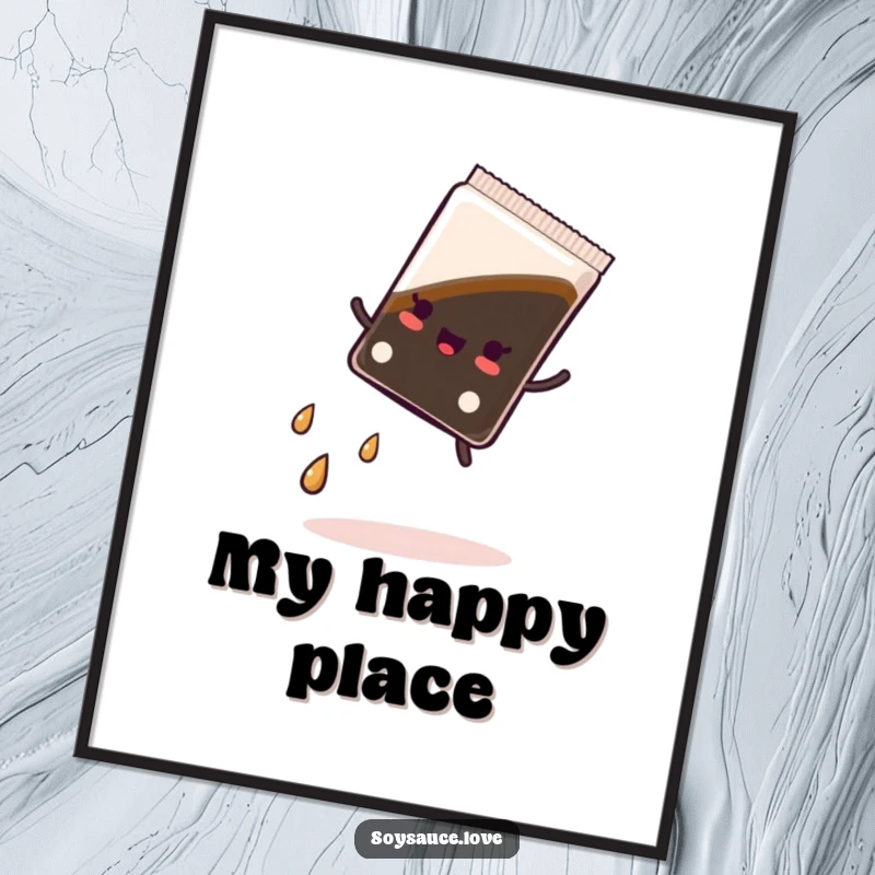 Funny poster print of a kawaii soy sauce packet mid-cartwheel, with a dynamic trail of droplets, perfect for adding humor to any wall.