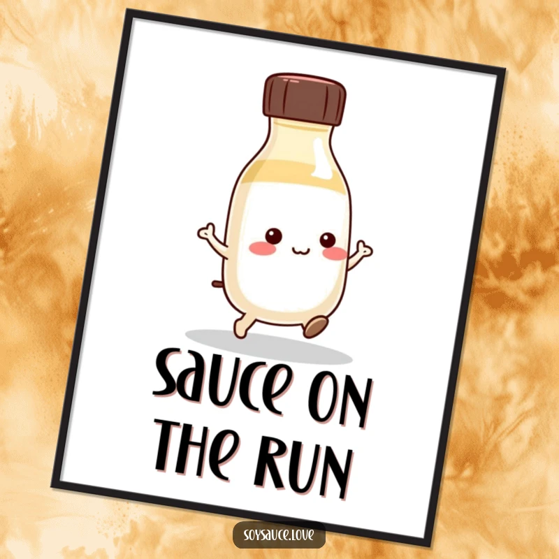 Funny Kawaii Soy Sauce Poster: A cute soy sauce bottle performs a joyful hop, bringing playful energy and condiment charm to wall decor.