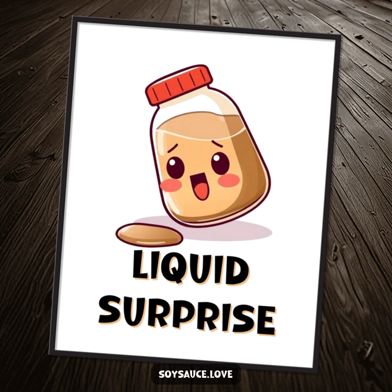 Funny Kawaii Soy Sauce Poster, a soy sauce bottle surprisedly tipping over, amusing wall art for kitchens.