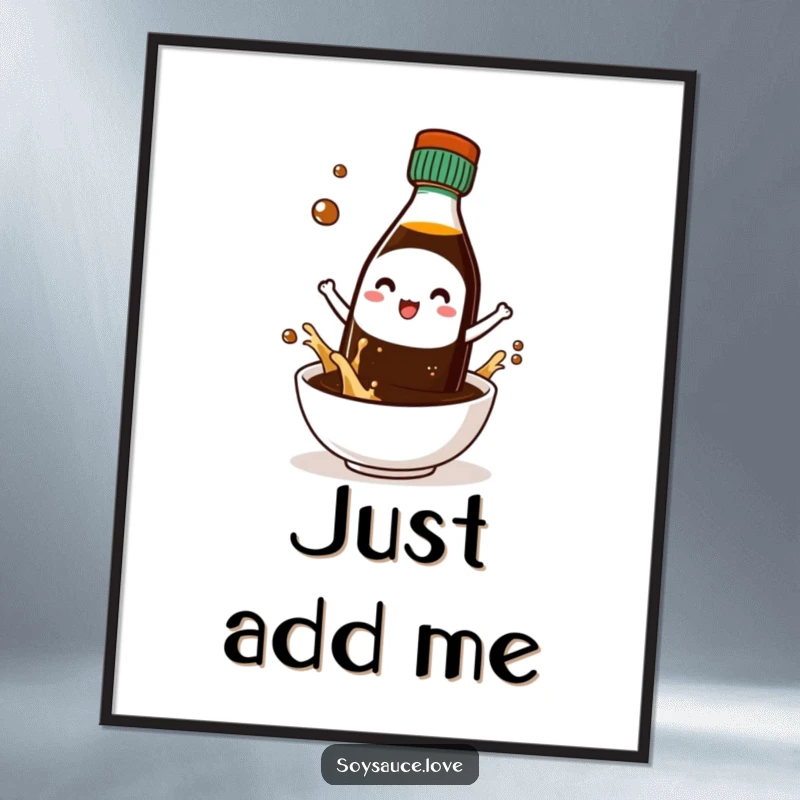 Funny poster showcasing a kawaii soy sauce bottle character joyfully splashing into a tiny bowl, adding artistic fun.