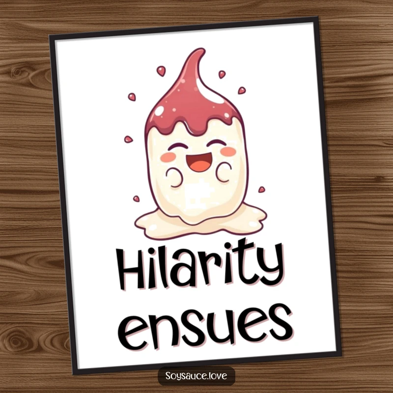 Funny Kawaii Soy Sauce Poster: A cute soy sauce splat character laughs heartily, bringing contagious joy and condiment humor to wall decor.