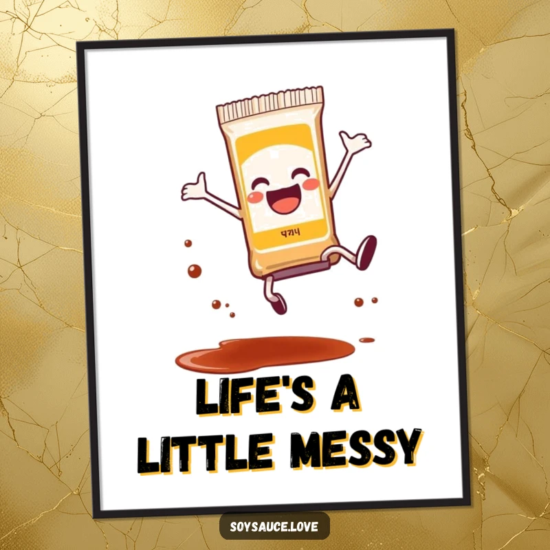 Funny anthropomorphic soy sauce packet doing a joyful cartwheel, with a tiny bit of splatter, dynamic and humorous wall art poster.
