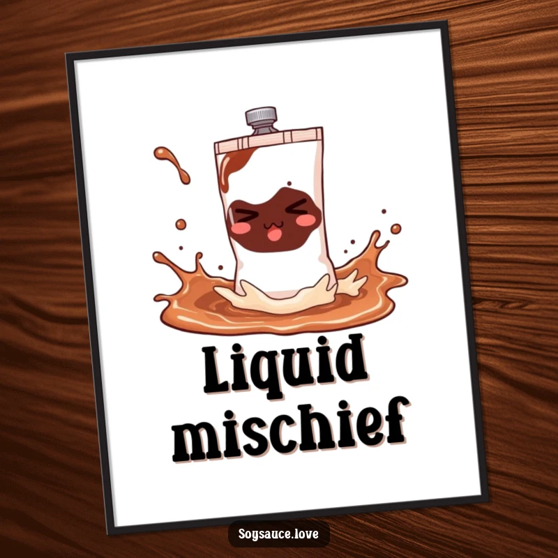 Funny soy sauce sachet poster showing a mischievous character mid-splash, bringing a playful and humorous vibe to wall decor.