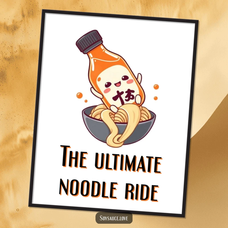 Funny soy sauce bottle character making a slippery descent down a noodle, presented as a humorous art print for walls.