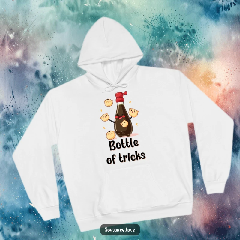 Funny Hoodie: A warm garment featuring a soy sauce bottle juggling dumplings, perfect for food lovers seeking comfort and humor.