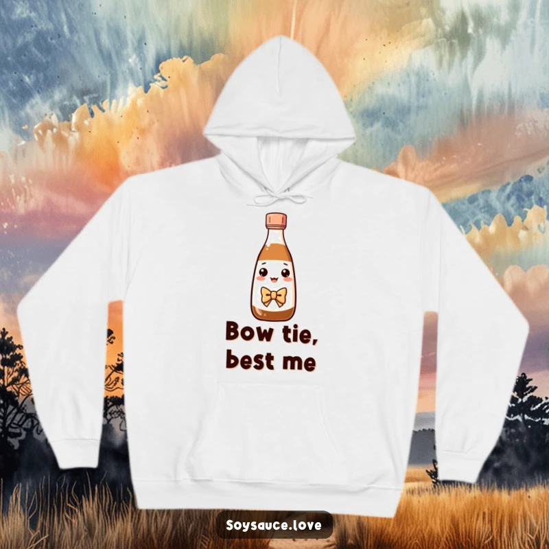 Funny Kawaii soy sauce bottle in a bow tie bowing politely on a cozy hoodie.