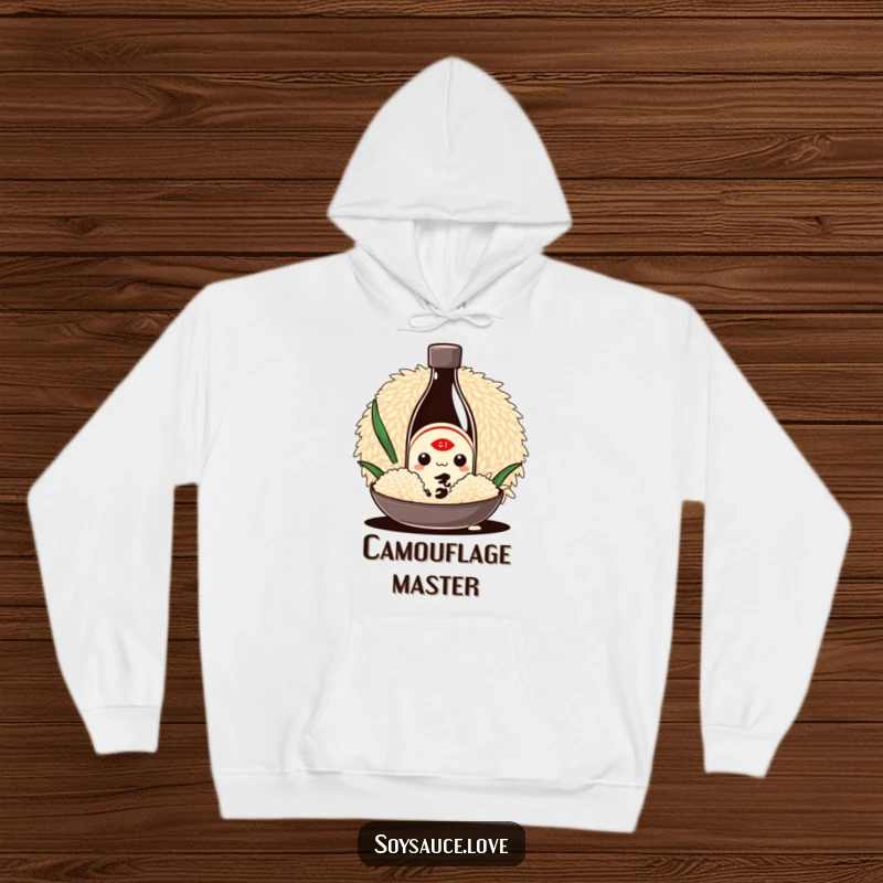 Funny Kawaii hoodie with a shy soy sauce bottle character peeking from behind a giant grain of rice, offering warmth and foodie humor.