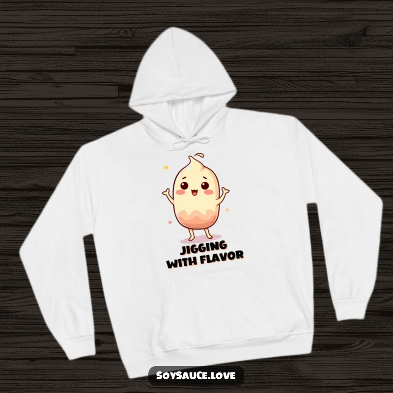 Funny Kawaii soy sauce character doing a silly jig on a warm hoodie, bringing dance and humor.