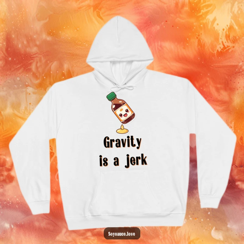 Funny soy sauce bottle hoodie showing a character comically slipping on liquid, providing warmth and humorous style.