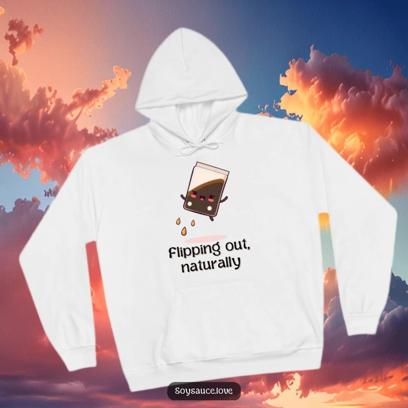 Funny hoodie depicting a kawaii soy sauce packet performing an energetic cartwheel with a whimsical trail of droplets, exuding pure joy.