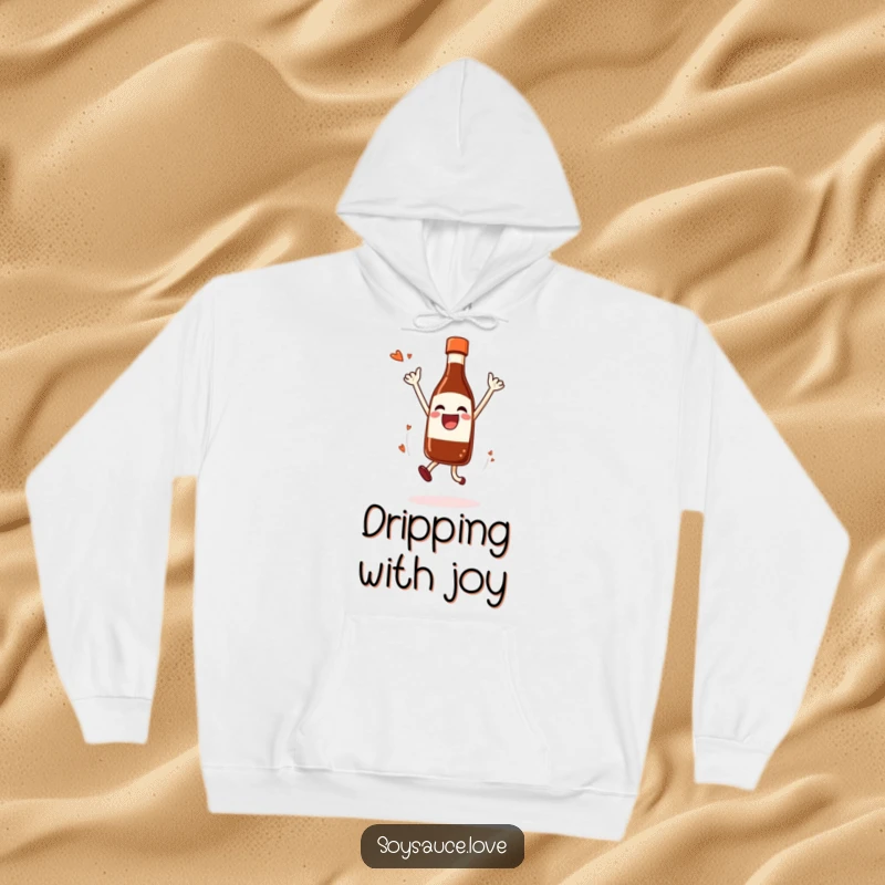 Funny Hoodie displaying a joyful soy sauce bottle performing a happy, celebratory jump.