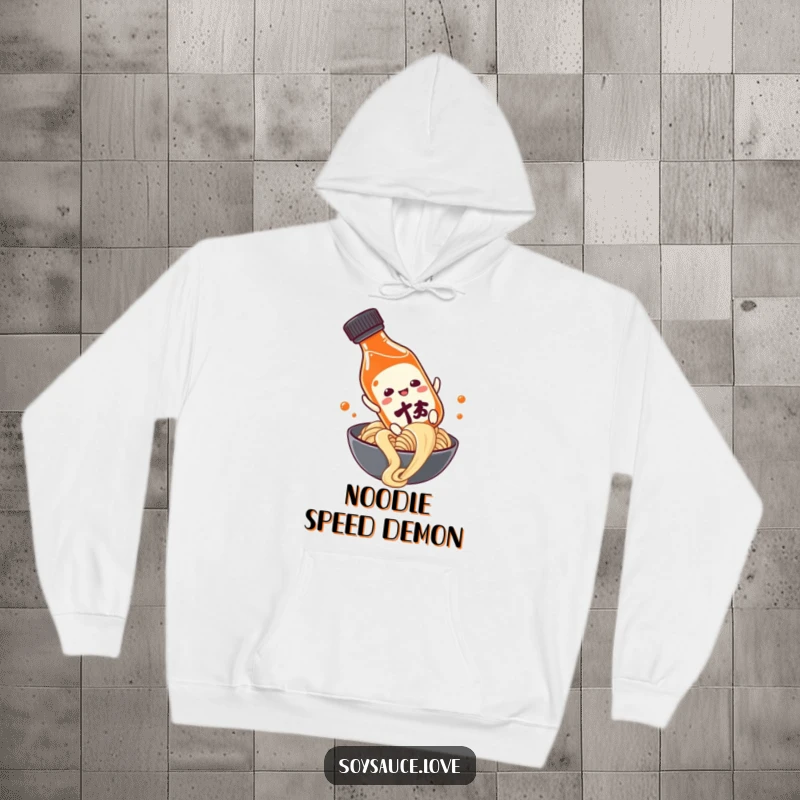 Funny soy sauce bottle character sliding down a noodle, featured on a warm hoodie, offering comfort and humor.