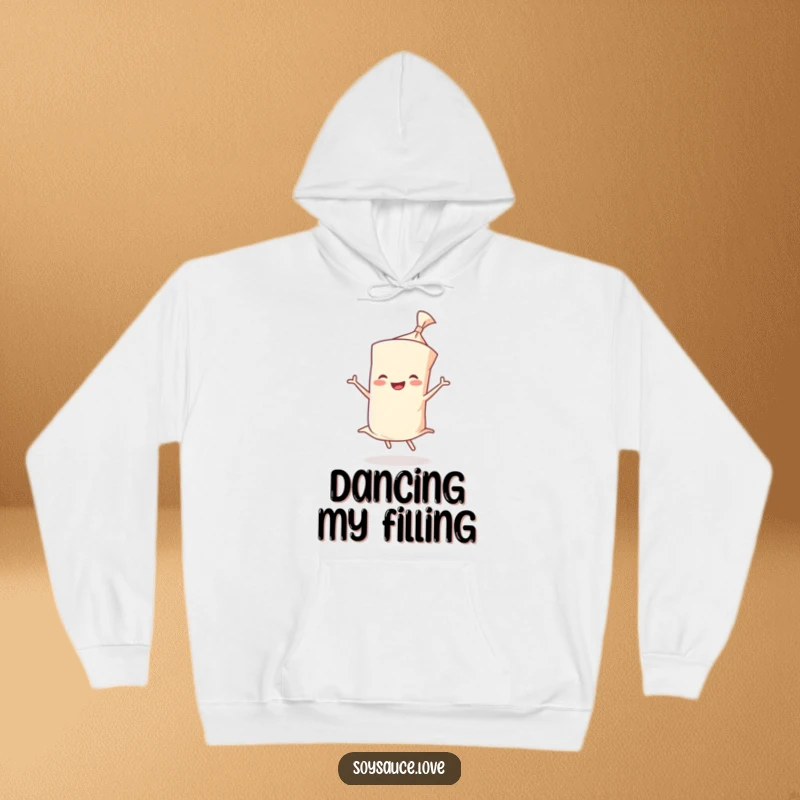 Funny hoodie featuring a smiling wonton wrapper character in a joyful twirl, radiating happiness and comfort.