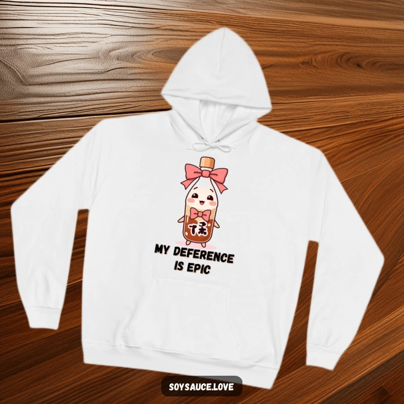 Funny soy sauce bottle in a deep, exaggerated bow, featured on a warm hoodie, offering comfort and a humorous touch.