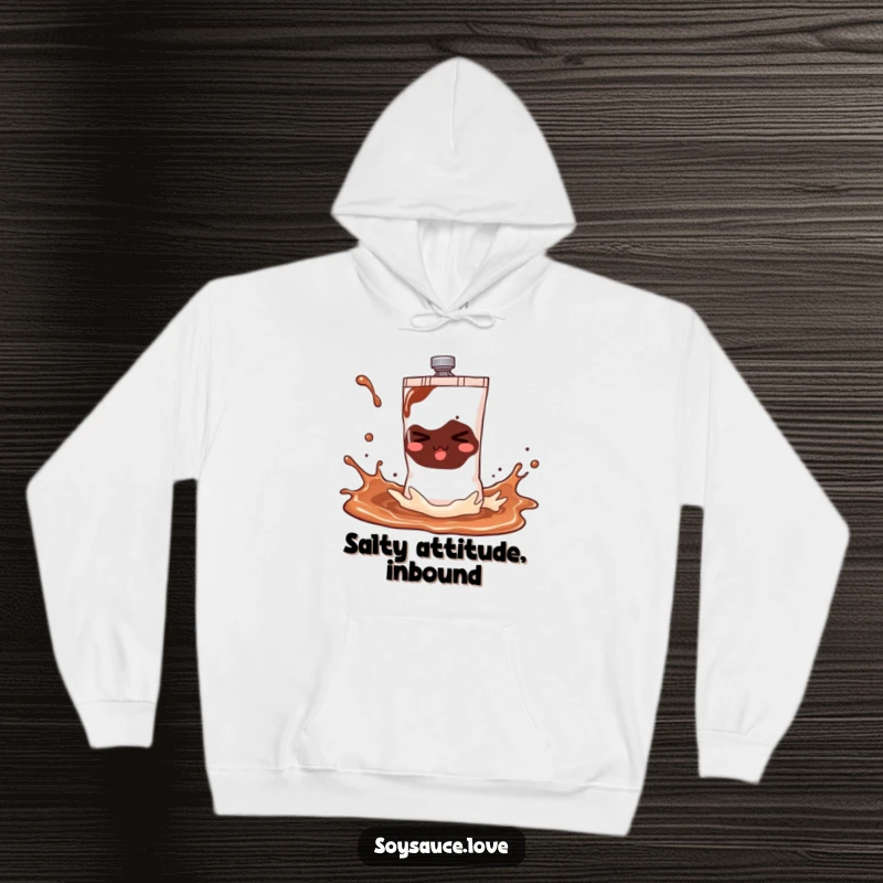 Funny soy sauce sachet hoodie showing a mischievous character in a playful splash, offering warmth and humorous style for chilly days.