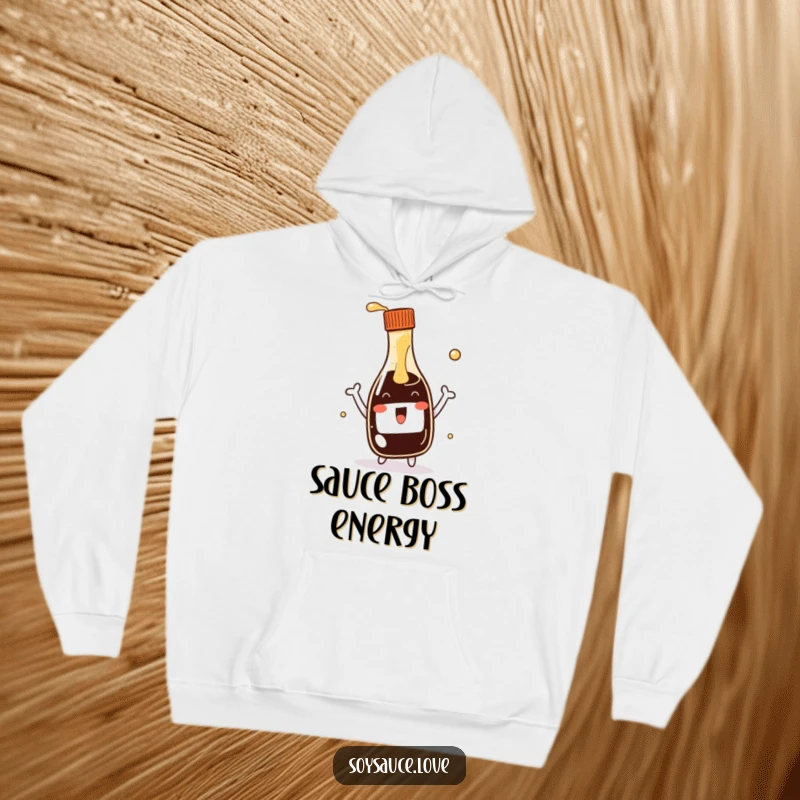 Funny kawaii soy sauce bottle hoodie, showing an energetic bottle enthusiastically pouring a splash, designed for maximum comfort and humor.