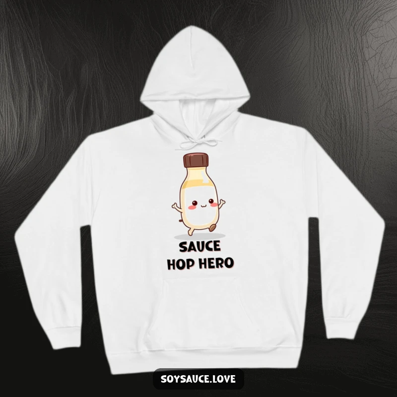 Funny Kawaii Soy Sauce Hoodie: A cute soy sauce bottle is joyfully hopping, embodying playful comfort and a dash of condiment fun.