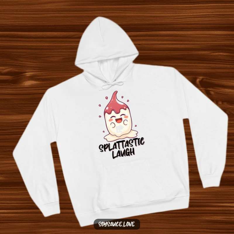 Funny Kawaii Soy Sauce Hoodie: A cute soy sauce splat character laughs heartily, offering cozy comfort and a dose of pure, infectious mirth.